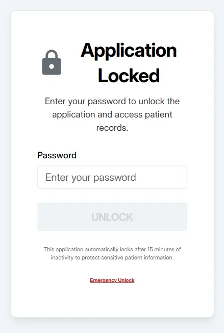 MedRecPlus EHR security lockscreen with auto-lock privacy protection