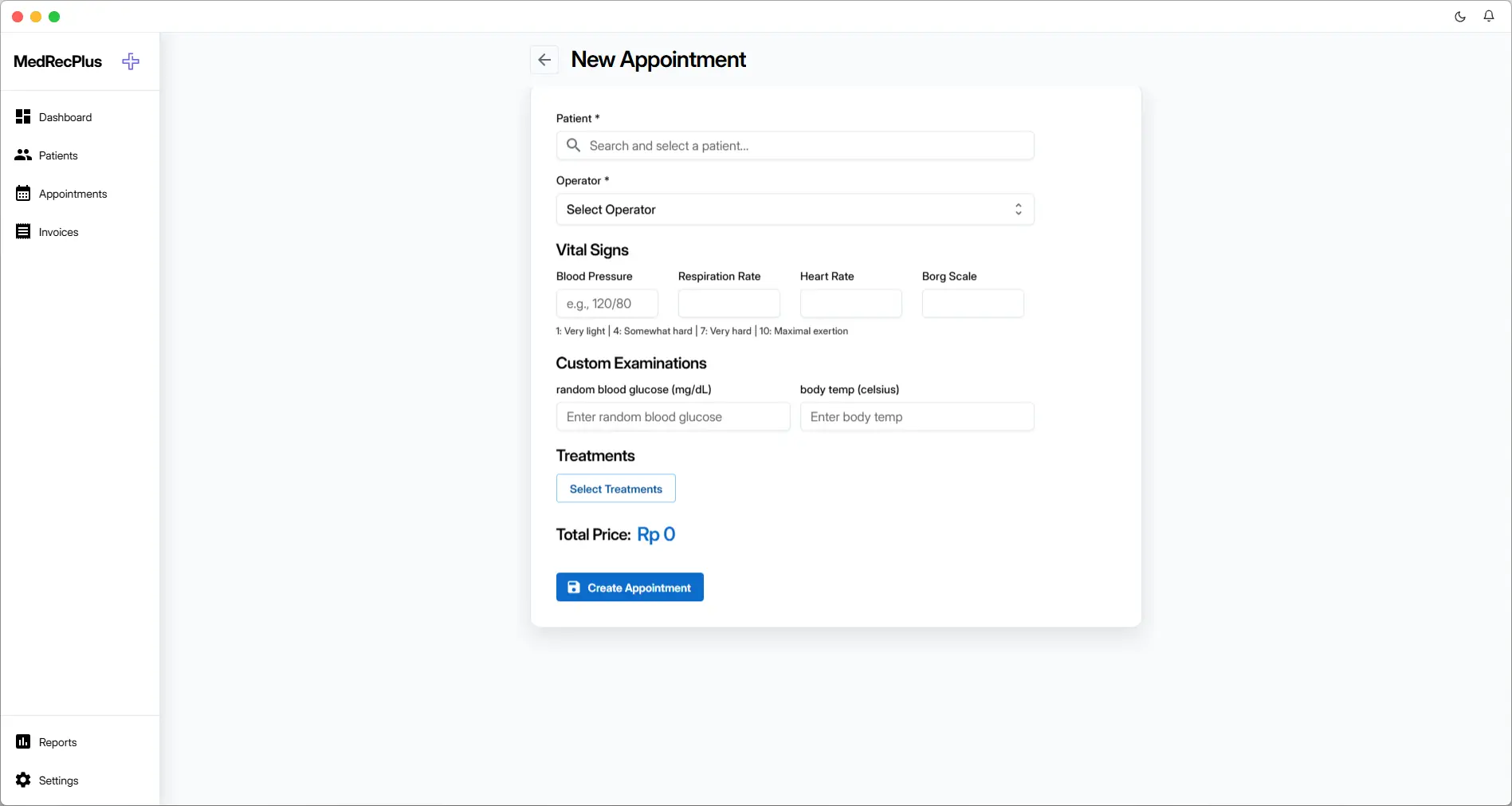 MedRecPlus appointment scheduling form with vital signs and treatment entry