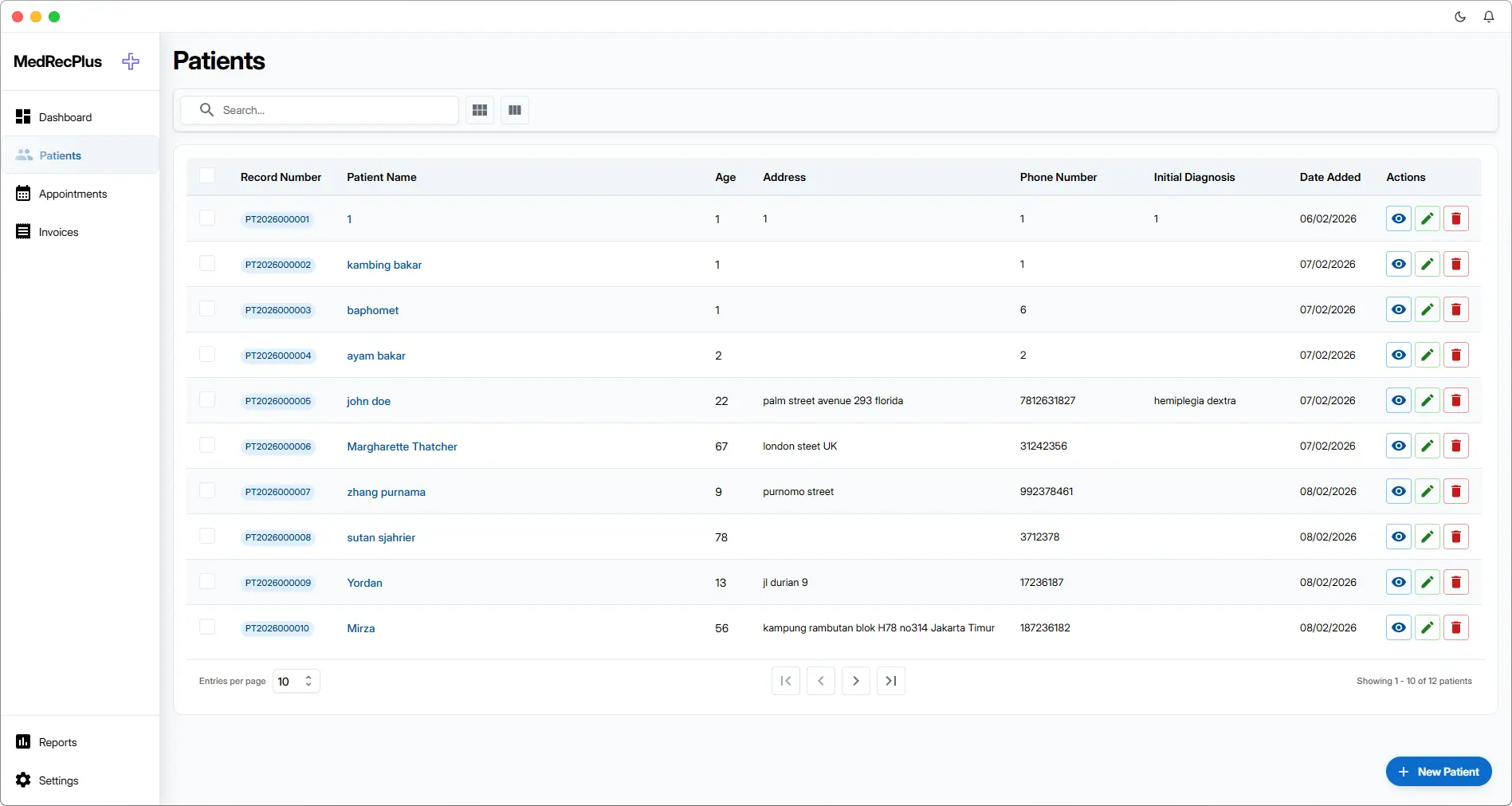 MedRecPlus EHR patient list view with search and filtering for small clinics